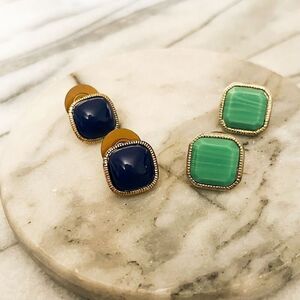 Vintage Monet Earring Bundle Set of 2 Green Blue Square‎ Post Back Signed